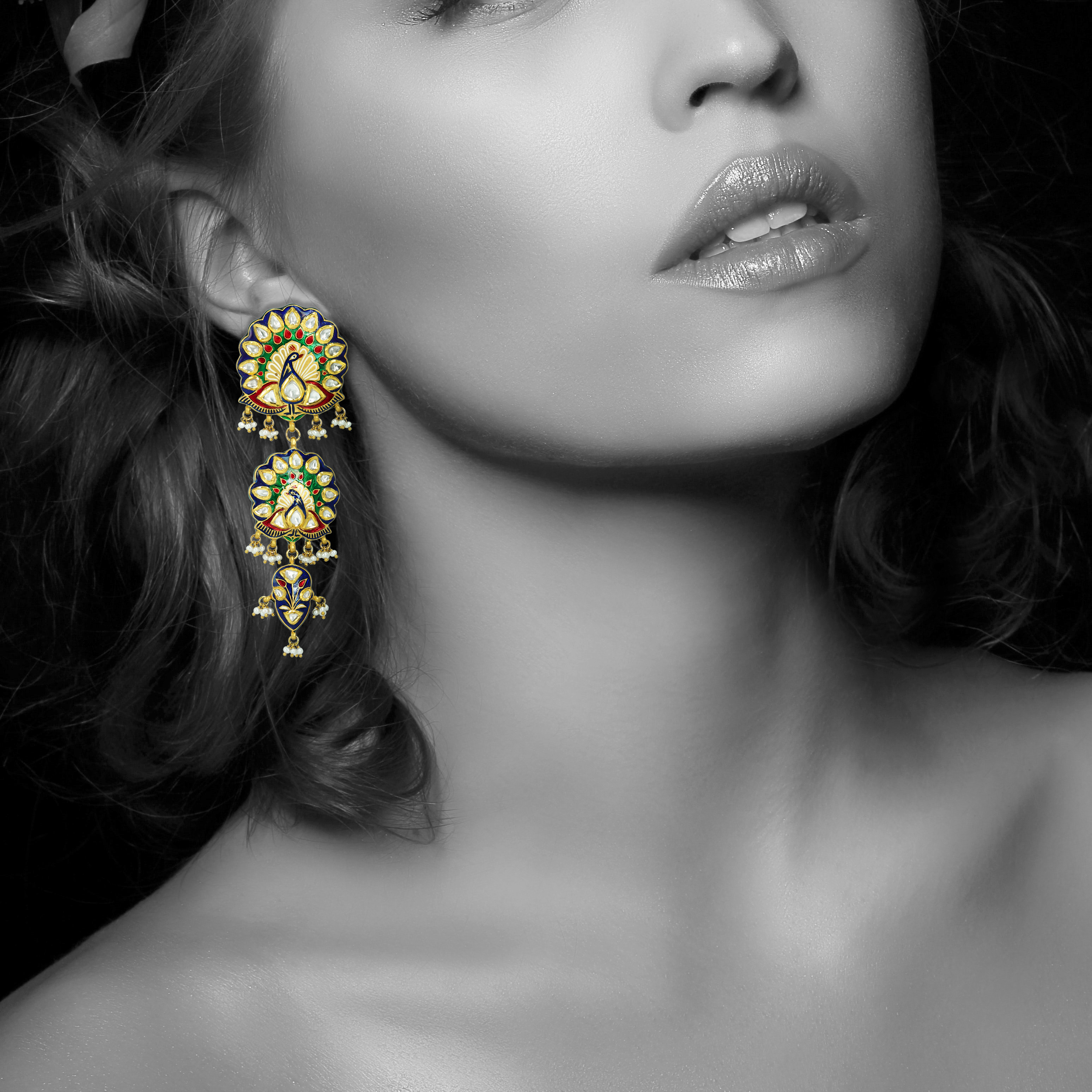 Peacock Motif Earrings with Polkis, Enamel, and Pearls